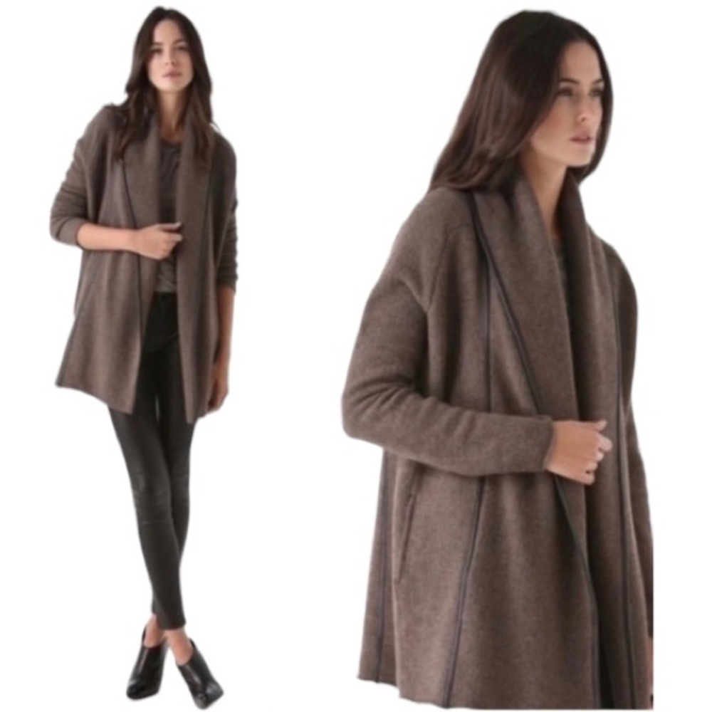 Vince Brown Wool Yak Alpaca‎ Cashmere Leather Trim Open Cardigan Sweater Coat XS
